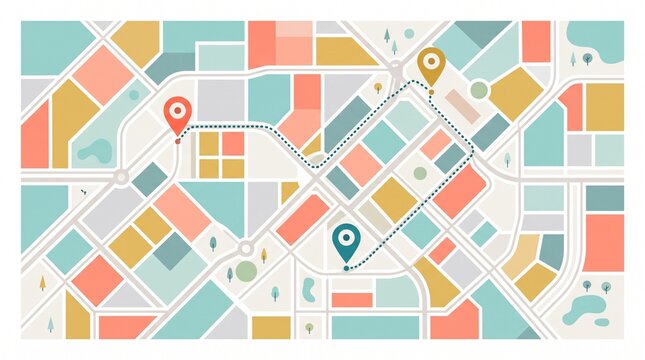 City map navigation vector illustration with route and location pin markers