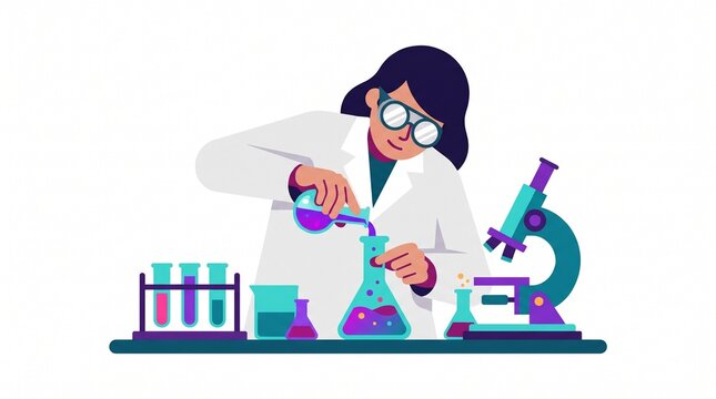 Female scientist working in chemistry laboratory with microscope and glassware illustration