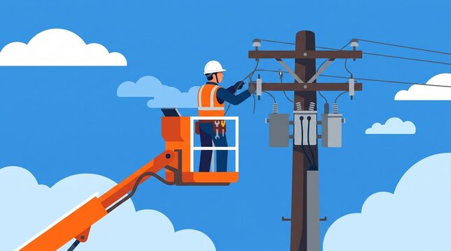 Electrician in bucket truck repairing power lines on utility pole vector illustration