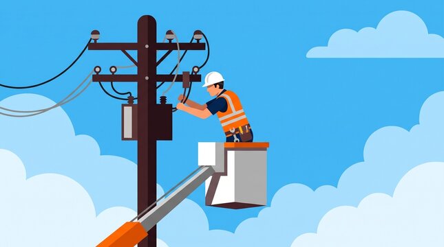 Electrician Lineman Repairing Power Lines in Bucket Truck Lift Flat Vector Illustration
