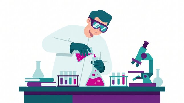 Scientist conducting chemical experiment with glassware and microscope in laboratory illustration