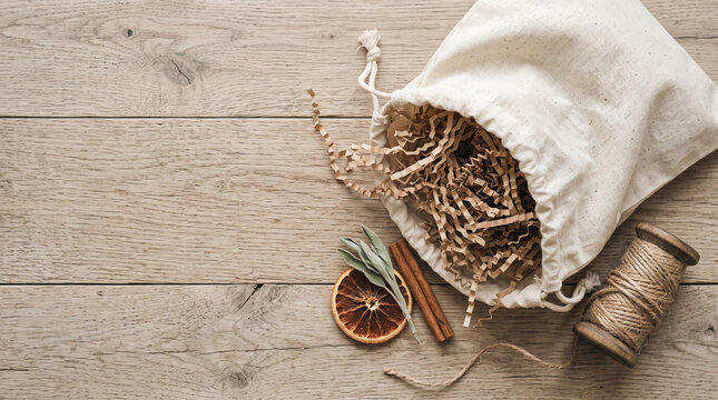 A cotton drawstring pouch filled with paper filler sits on a rustic wooden table surface.