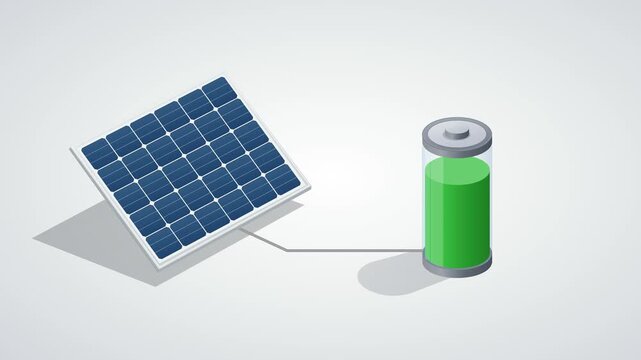 Green energy pulses move across a blue solar panel and along a cable while a transparent cylindrical battery fills with green charge. Static isometric composition on a light gray background, followed
