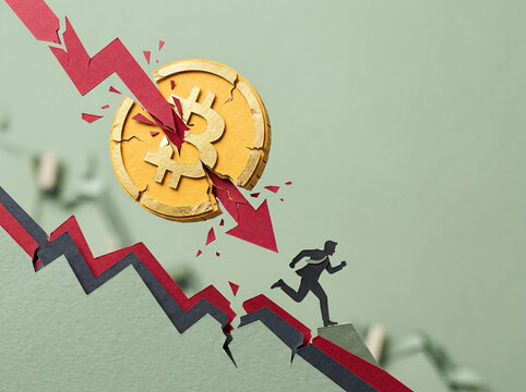 Financial crisis and cryptocurrency market crash concept with falling red arrow and broken coin symbol