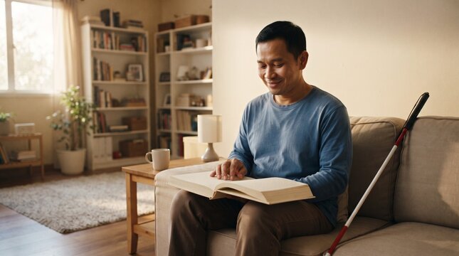 A visually impaired man reading Braille on a book while sitting on a sofa in a cozy living room, with a white cane nearby