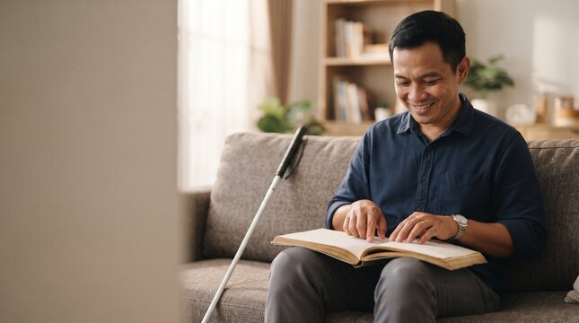 A visually impaired man smiles while reading a Braille book in his living room, his white cane resting beside him