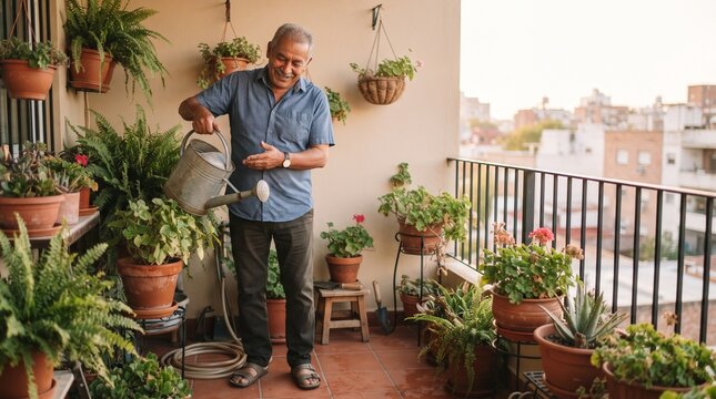 An elderly man happily watering plants on his balcony, surrounded by lush greenery and potted flowers. The sun casts a warm glow, highlighting the tranquil domestic scene