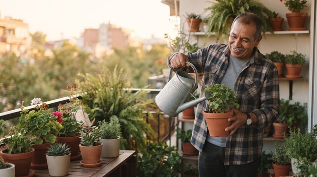 An older man happily watering a potted plant on his balcony, surrounded by a variety of green plants. He is smiling and wearing a plaid shirt. The sun is setting in the background.