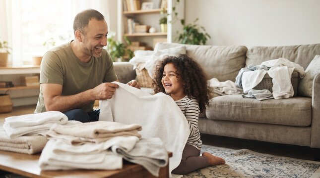 A father and daughter happily folding laundry together in a cozy living room. The father is smiling as he shows his daughter a white towel, while she beams with joy