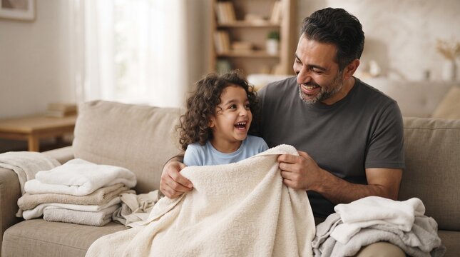 A father and his young daughter sharing a tender moment, folding laundry together on a sofa. They are both smiling and laughing, creating a warm and loving atmosphere
