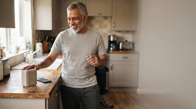 A happy older man with a beard dancing in his kitchen while interacting with a smart speaker and his phone