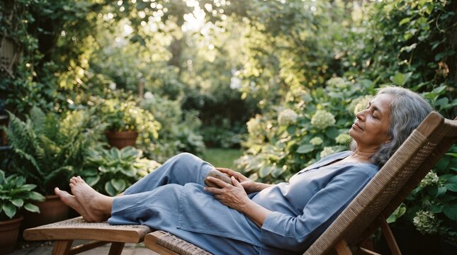 An elderly woman relaxing on a lounge chair in a lush, sun-dappled garden, with her eyes closed and a peaceful expression. The scene evokes tranquility and a connection with nature