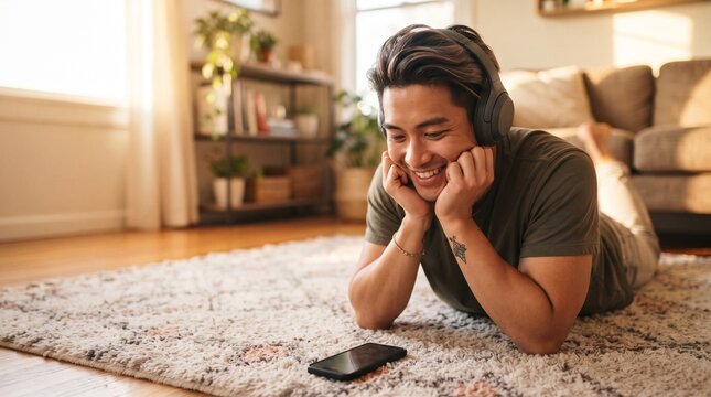 A young man wearing headphones is lying on the floor with a smile on his face while looking at his phone, enjoying a moment of relaxation and entertainment at home.