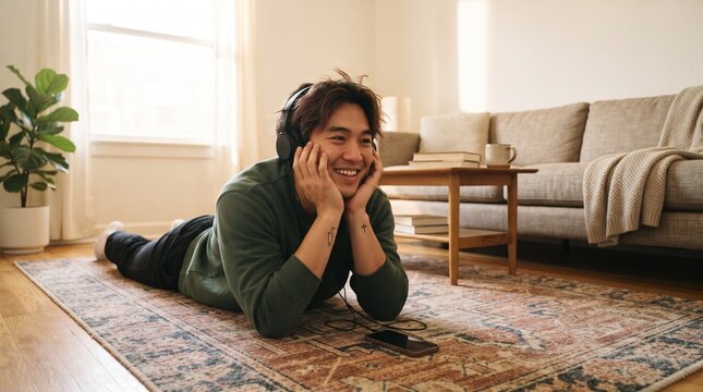Young man wearing headphones smiling and listening to music while lying on the floor at home, relaxed lifestyle