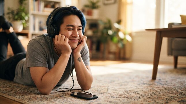 Young man enjoying music with headphones on the floor at home, looking relaxed and happy