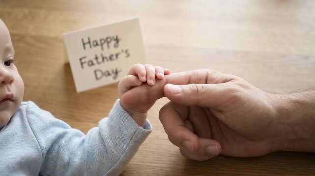 Baby holding adult finger with Fathers Day card