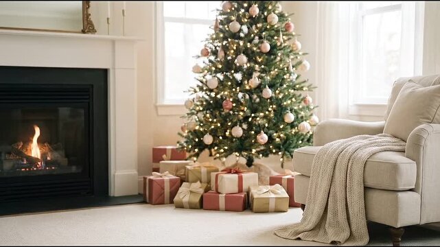 Christmas gifts by the fireplace