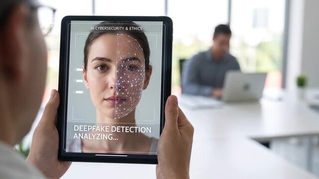 Hands holding tablet running deepfake detection analysis on face