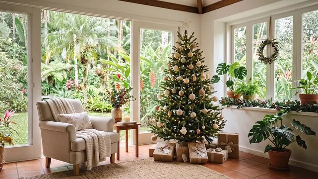 Sunny living room decorated with Christmas tree and presents