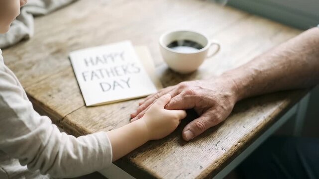 Hands holding Happy Fathers Day card next to coffee