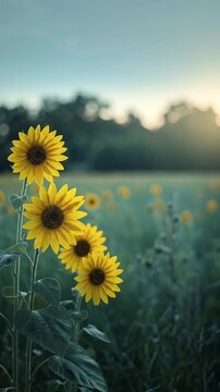 Beautiful blooming sunflowers in field at sunset