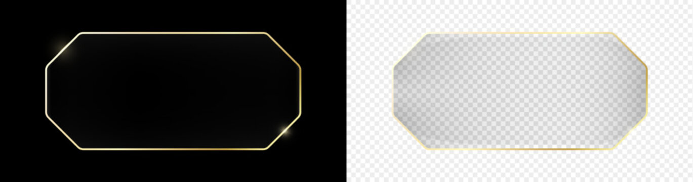 Realistic golden liquid glass octagonal shiny effect frame overlay isolated on black and transparent background. Modern Ui glassmorphism boarder neon element, button. Vector PNG illustration