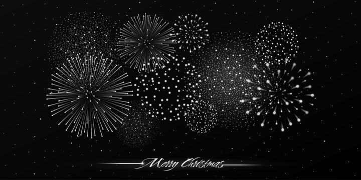 White Firework show on black night sky background with glow and sparkles. Fireworks Happy New year and Merry Christmas concept. Luxury abstract. Invitation, card, party bg. Vector illustration