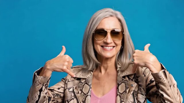 Cool senior caucasian woman in a snakeskin jacket and sunglasses making a call me gesture. Stylish mature lady with grey hair smiling confidently. Collage of fun and positive expressions