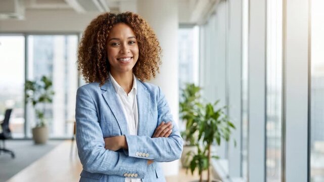 Confident young african american businesswoman standing in a modern office. Portrait of a successful female leader with arms crossed looking at camera