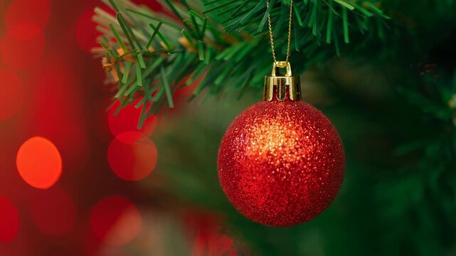 Sparkling red christmas ornament hanging on a fir tree branch. Festive holiday decoration with warm bokeh lights. Seasonal celebration web banner