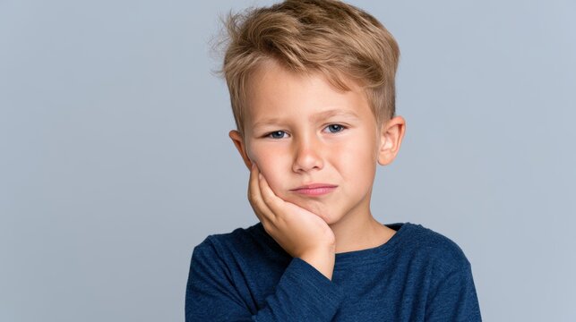 little boy presses hand to cheek, suffers from pain in tooth isolated on gray studio background. Teeth decay, dental problems, child emotions and facial expression