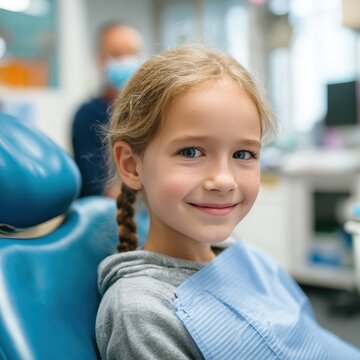 young girl is sitting in a dentist's chair. Children is smiling and enjoying her visit to the dentist
,dentistry, clinic, dental