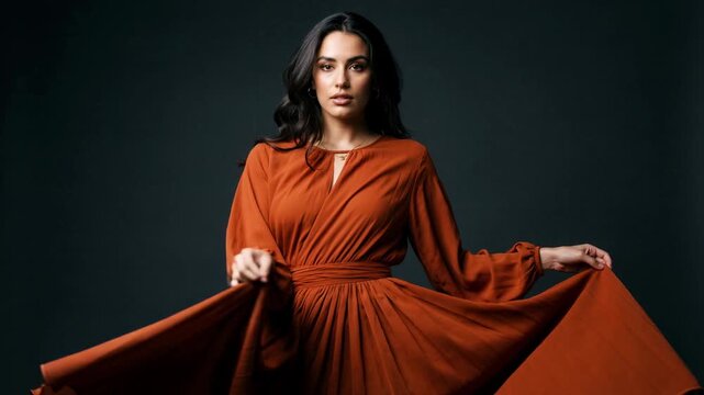 Composite sequence of an elegant hispanic woman dancing in a flowing terracotta dress. Graceful adult model in motion for a fashion campaign
