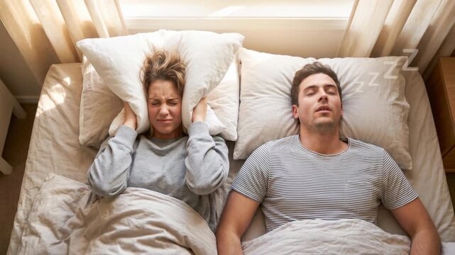 Frustrated adult woman covers her ears with a pillow because of her partner's loud snoring. Couple in bed with sleep problems and relationship issues