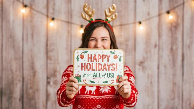 Cheerful young caucasian woman in a festive sweater holding a happy holidays sign. She wears reindeer antlers against a rustic wood background with string lights. Christmas greeting concept