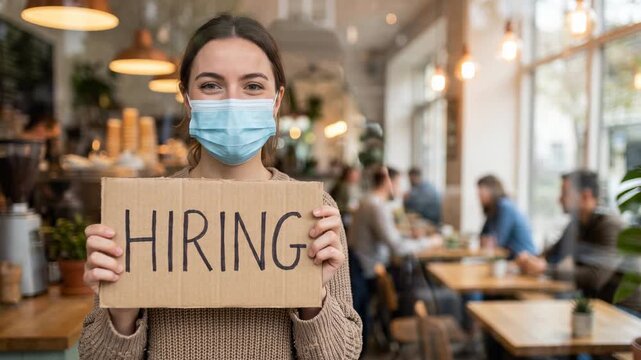 Young caucasian woman wearing a face mask holds a hiring sign to recruit staff for her cafe. Small business owner looking for new employees for a job vacancy