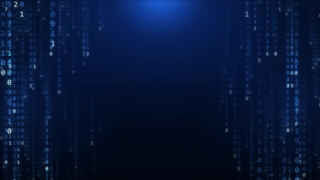 Digital rain of blue binary code cascades in a dark blue gradient background, technology and data flow, abstract cyberspace