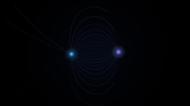 Magnetic field lines visualization, glowing blue and purple energy particles on black background, physics science animation of electromagnetic force