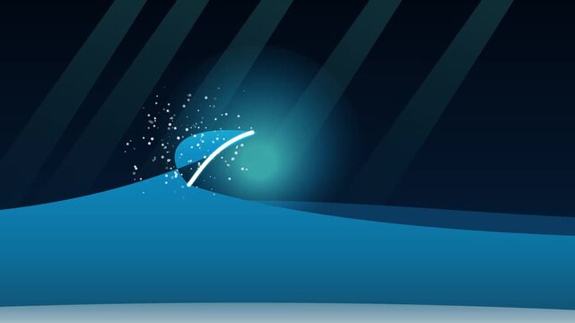 Minimalist blue wave breaking, flat vector ocean surf animation with white spray, glowing teal light rays on dark background for cinematic transitions