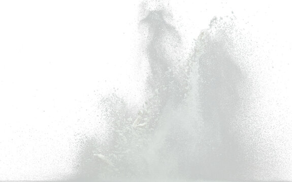 Baking soda powder explode in mid air. Powder of baking soda flying like explosion splashing, prepare to clean food vegetable as sodium bicarbonate carbonate, black background isolated