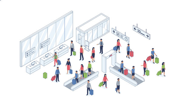 Isometric airport terminal scene featuring travelers with luggage moving through security scanners and check in desks.