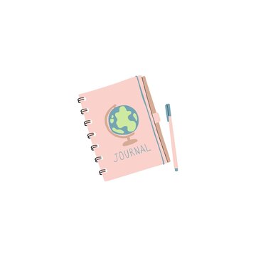 Cute pink journal notebook with globe illustration and pen, flat vector illustration