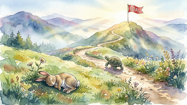 Watercolor illustration of the tortoise and the hare fable with a sleeping rabbit and a turtle walking toward a mountain with a goal flag. 