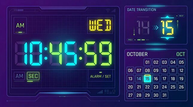 Futuristic Digital Clock and Calendar Interface HUD