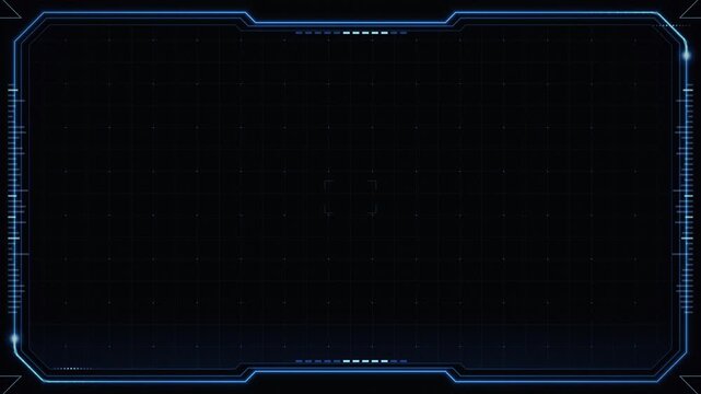 futuristic digital frame interface element with blue glowing lights and grid pattern on dark textured background, ui hud element for sci fi technology concept