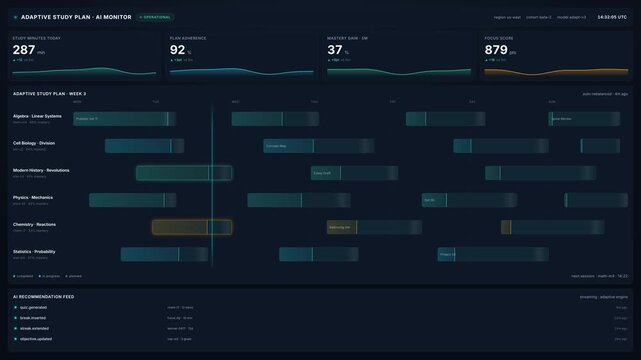 Adaptive study plan ai monitor dashboard with weekly learning schedule, progress tracking, focus score, mastery gain for modern education technology for students