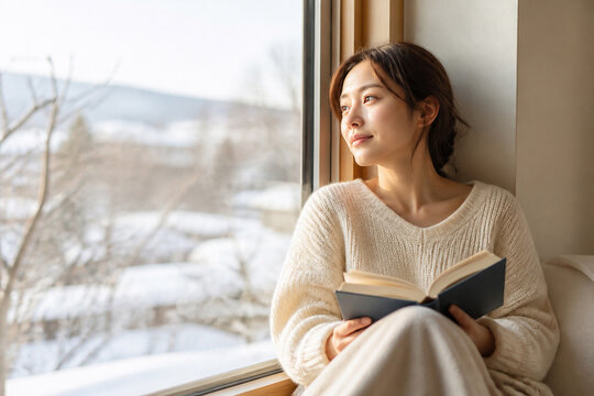 雪景色の窓辺で本を持つ日本人女性
