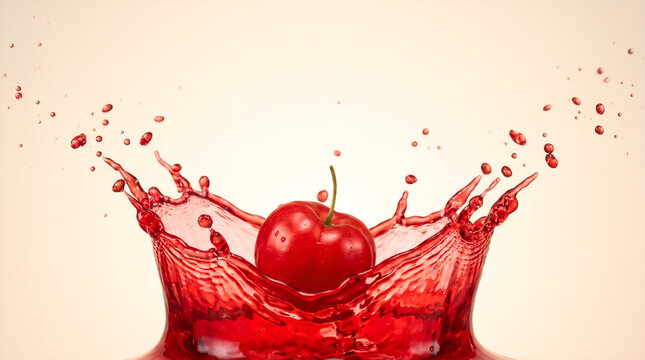 Red cherry dropping into juice splash with droplets