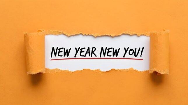 New year new you text written on white paper behind torn orange paper