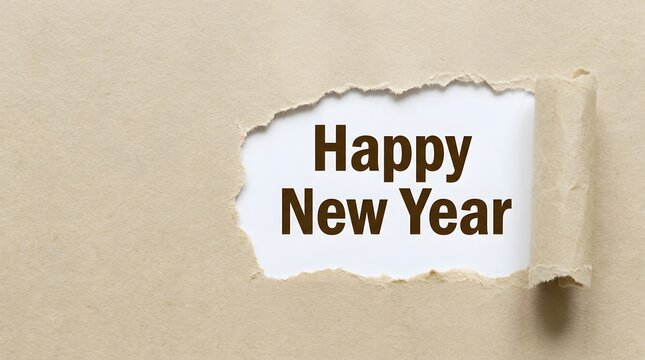 Happy new year text written on white paper behind torn beige paper